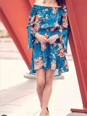 Xhilaration Blue Floral Long Sleeve Off-Shoulder Dress